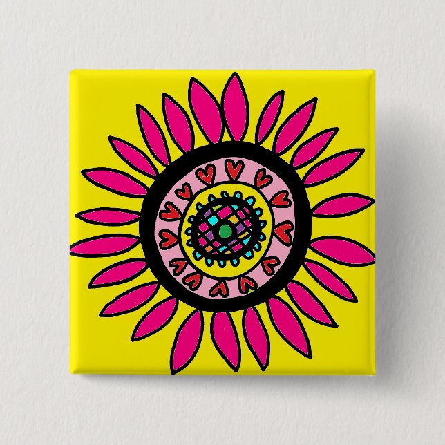 Crazy Daisy Button Hot Pink on Bright Yellow (Front)