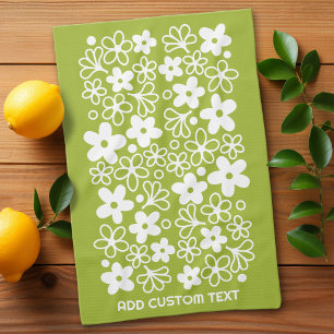 Crazy Daisy Pattern in Spring Green with Name Kitchen Towel
