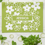 Crazy Daisy Pattern in Spring Green with Name Kitchen Towel<br><div class="desc">A vintage pattern in Spring Green with a place for a name or other text. The crazy daisy design has a groovy floral pattern. A minimal look in subtle colours with a simple sans serif font for a monogram.</div>