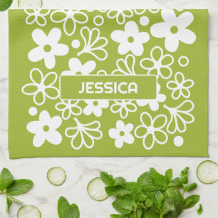 Crazy Daisy Pattern in Spring Green with Name Kitchen Towel