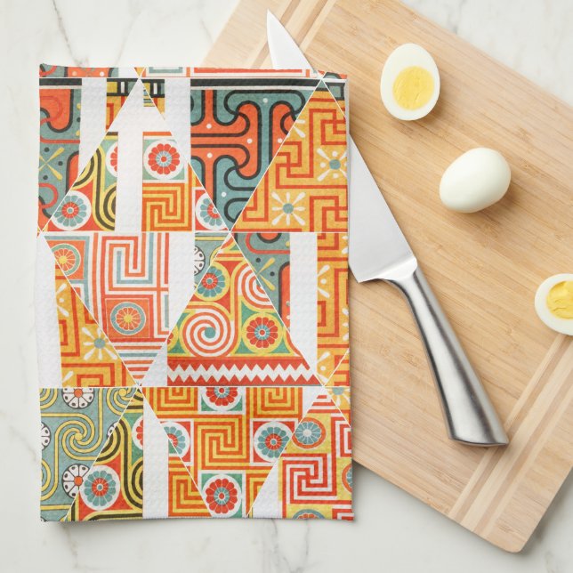 Crazy Diamond Floral Art Pattern Orange Kitchen Towel (Quarter Fold)