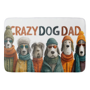 "Crazy Dog Dad" with Dogs in Winter Clothes Bath Mat