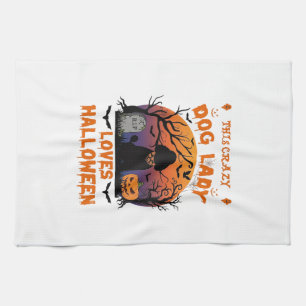 Crazy Dog Lady Loves Halloween Poodle Pumpkin Tomb Kitchen Towel
