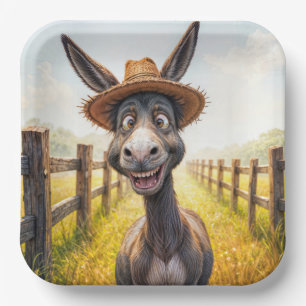 Crazy Donkey Wearing a Straw Hat Paper Plate