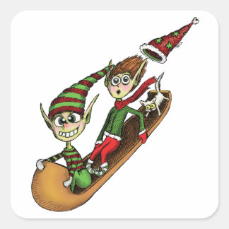 Crazy Elf Sled Ride Square Sticker