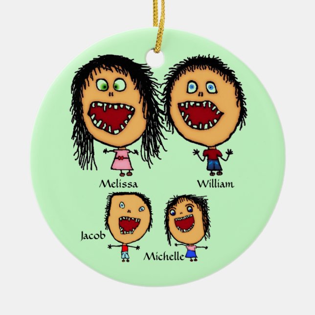 Crazy Family of Parents with Two Children Cartoon Ceramic Ornament (Front)