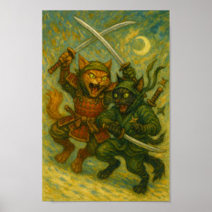 Crazy fighting ninja cats poster
