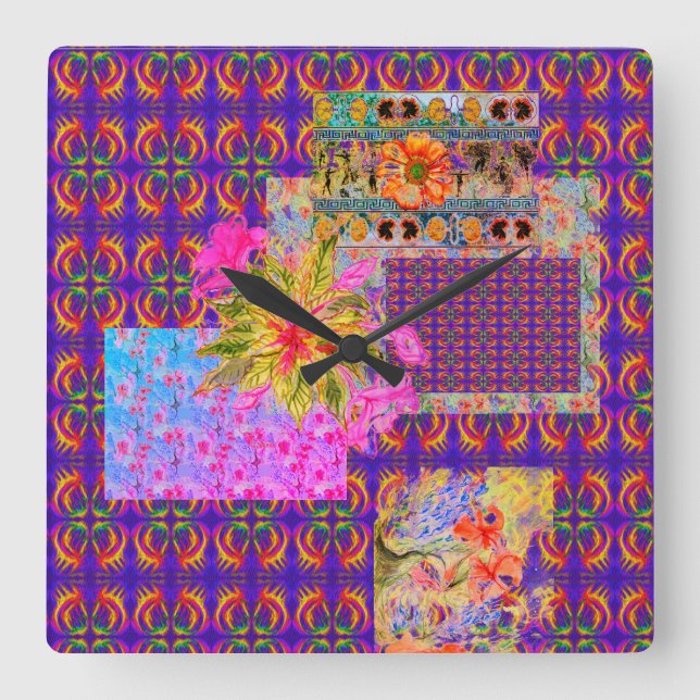 Crazy Floral Patchwork Colourful Purple All-Over  Square Wall Clock (Front)