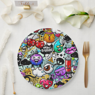 Crazy Fruits and Vegetables Graffiti Art Paper Plate