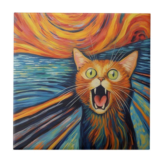 Crazy funny red cat painting tile (Front)
