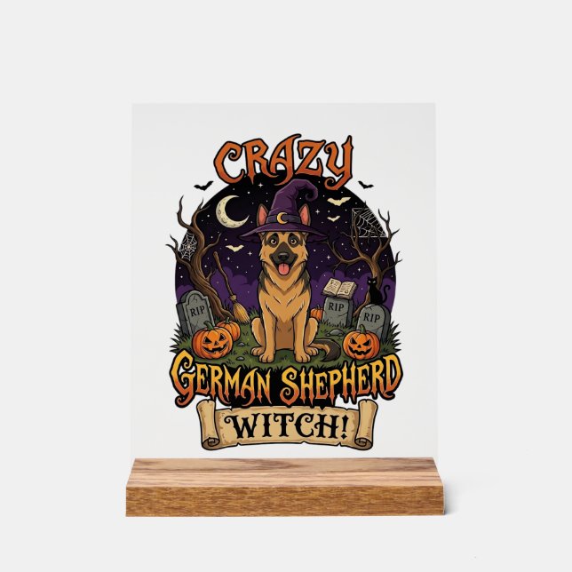 Crazy German Shepherd Witch Halloween Dog Pumpkins Acrylic Sign (Front)