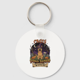 Crazy German Shepherd Witch Halloween Dog Pumpkins Keychain