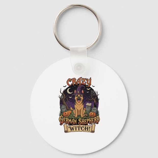 Crazy German Shepherd Witch Halloween Dog Pumpkins Keychain (Front)