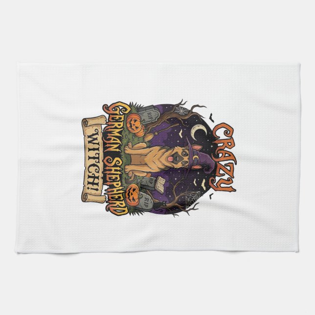 Crazy German Shepherd Witch Halloween Dog Pumpkins Kitchen Towel (Horizontal)