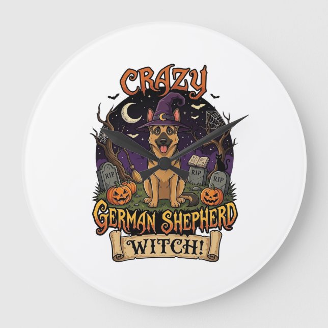 Crazy German Shepherd Witch Halloween Dog Pumpkins Large Clock (Front)