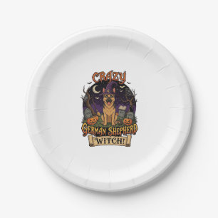 Crazy German Shepherd Witch Halloween Dog Pumpkins Paper Plate