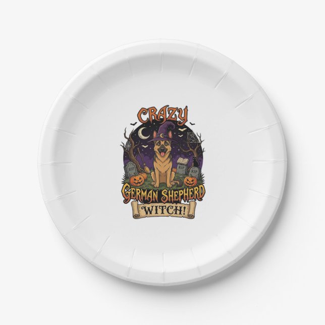 Crazy German Shepherd Witch Halloween Dog Pumpkins Paper Plate (Front)