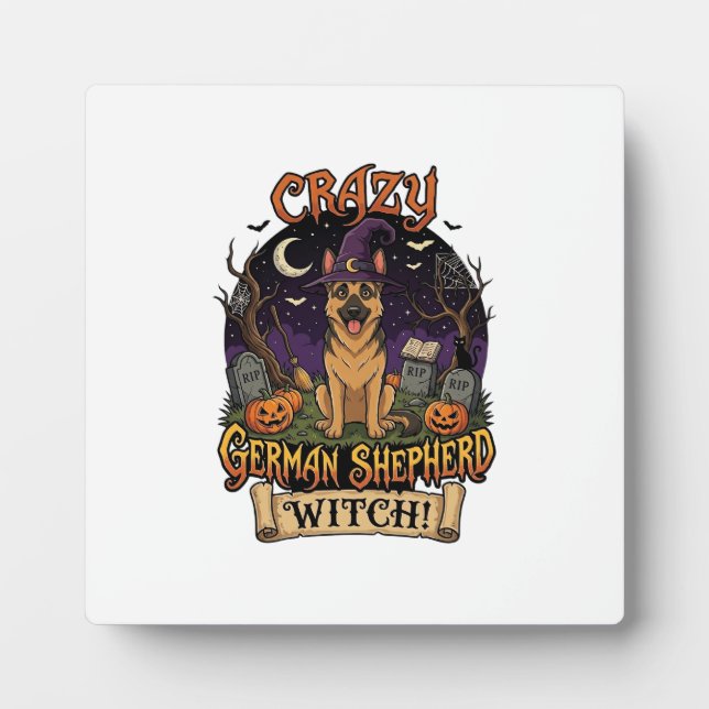 Crazy German Shepherd Witch Halloween Dog Pumpkins Plaque (Front)