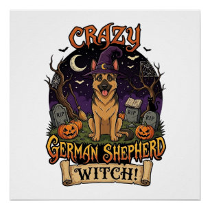 Crazy German Shepherd Witch Halloween Dog Pumpkins Poster