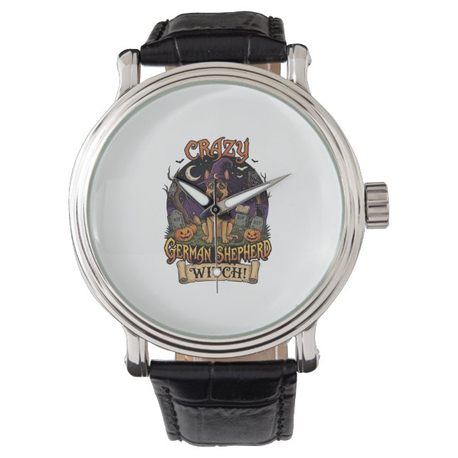 Crazy German Shepherd Witch Halloween Dog Pumpkins Watch (Front)