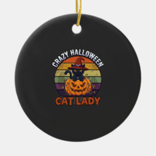 Crazy Halloween Cat Lady Black Pumpkin Witch Hat Ceramic Ornament
