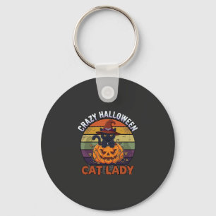 Crazy Halloween Cat Lady Black Pumpkin Witch Hat Keychain