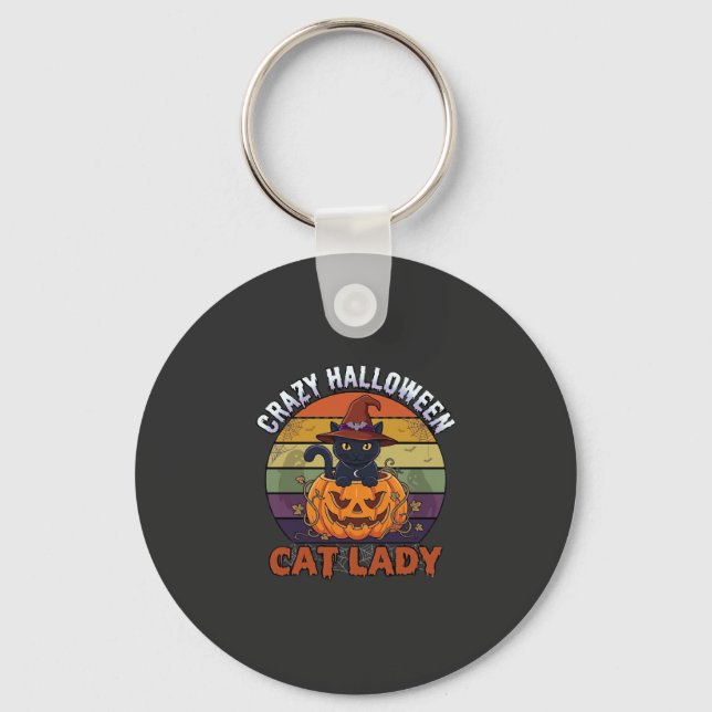 Crazy Halloween Cat Lady Black Pumpkin Witch Hat Keychain (Front)