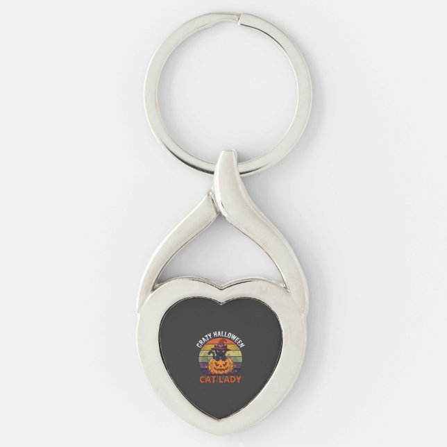 Crazy Halloween Cat Lady Black Pumpkin Witch Hat Keychain (Front)