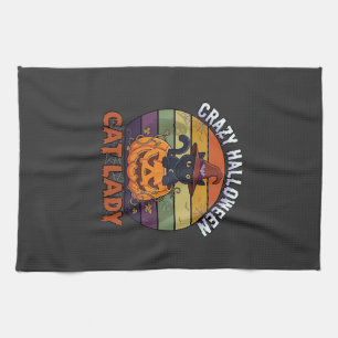 Crazy Halloween Cat Lady Black Pumpkin Witch Hat Kitchen Towel