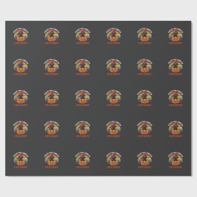 Crazy Halloween Cat Lady Black Pumpkin Witch Hat Wrapping Paper (Flat)
