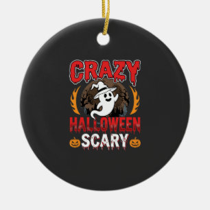 Crazy Halloween Scary Ghost and Pumpkin Design Ceramic Ornament