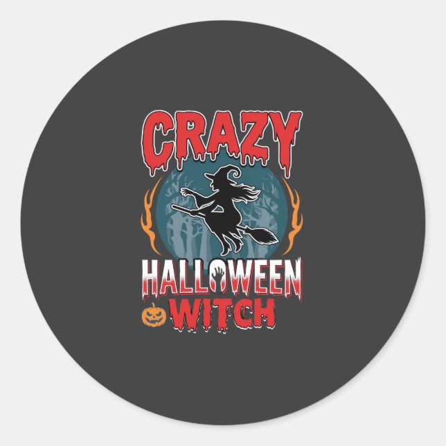 Crazy Halloween Witch Flying Broom Horror Design Classic Round Sticker (Front)