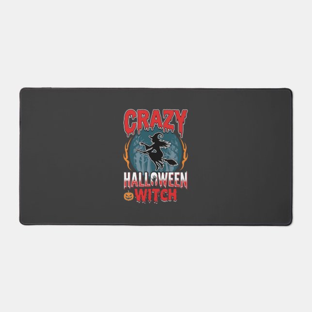 Crazy Halloween Witch Flying Broom Horror Design Desk Mat (Front)