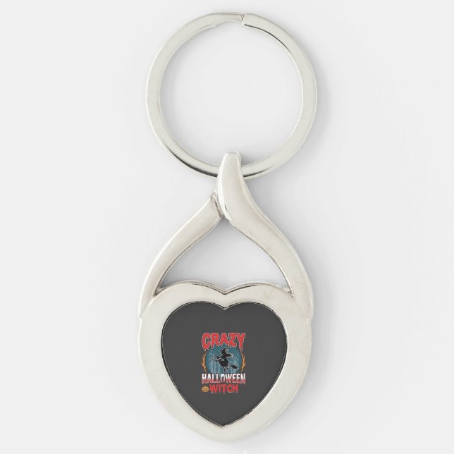 Crazy Halloween Witch Flying Broom Horror Design Keychain (Front)