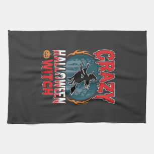 Crazy Halloween Witch Flying Broom Horror Design Kitchen Towel