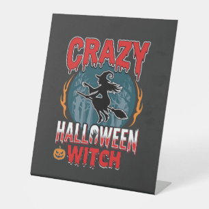 Crazy Halloween Witch Flying Broom Horror Design Pedestal Sign