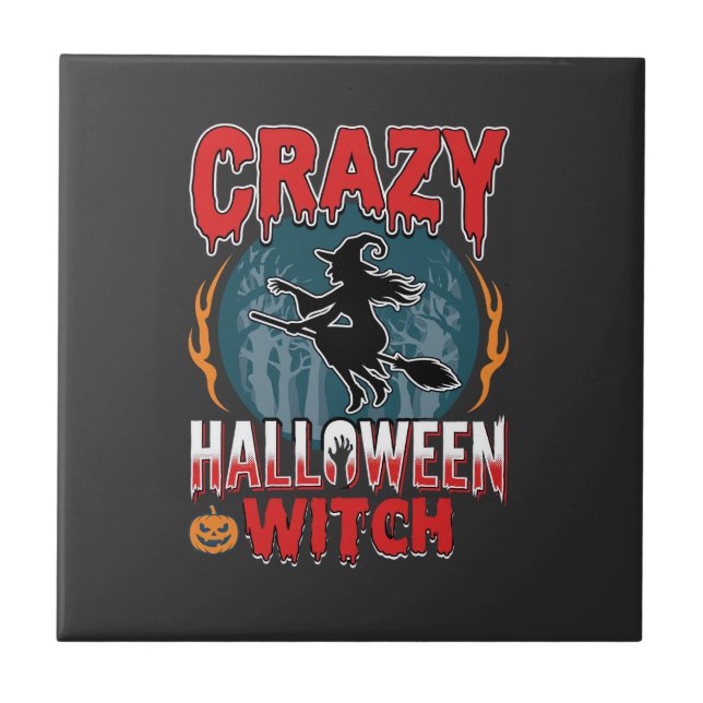 Crazy Halloween Witch Flying Broom Horror Design Tile (Front)