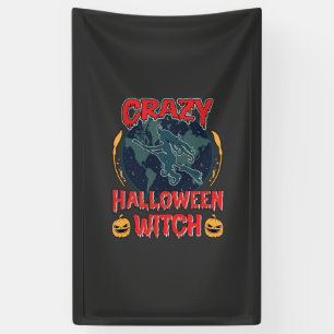 Crazy Halloween Witch Pumpkin Flying Moon Spooky N Banner