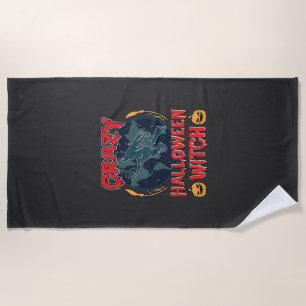 Crazy Halloween Witch Pumpkin Flying Moon Spooky N Beach Towel