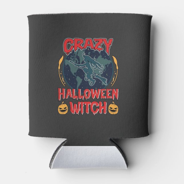 Crazy Halloween Witch Pumpkin Flying Moon Spooky N Can Cooler (Front)