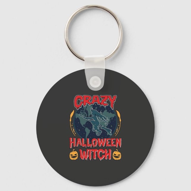 Crazy Halloween Witch Pumpkin Flying Moon Spooky N Keychain (Front)