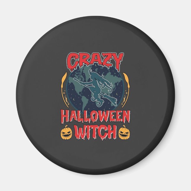 Crazy Halloween Witch Pumpkin Flying Moon Spooky N Magnet (Front)