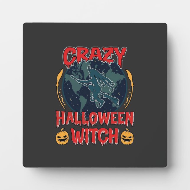 Crazy Halloween Witch Pumpkin Flying Moon Spooky N Plaque (Front)