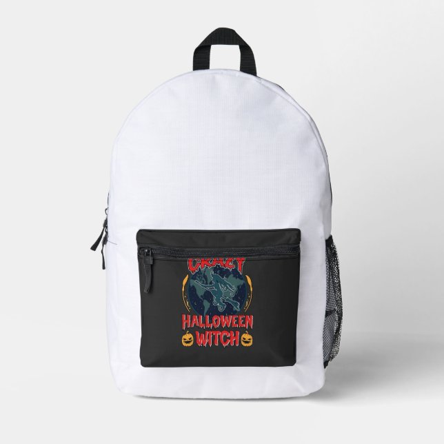 Crazy Halloween Witch Pumpkin Flying Moon Spooky N Printed Backpack (Front)