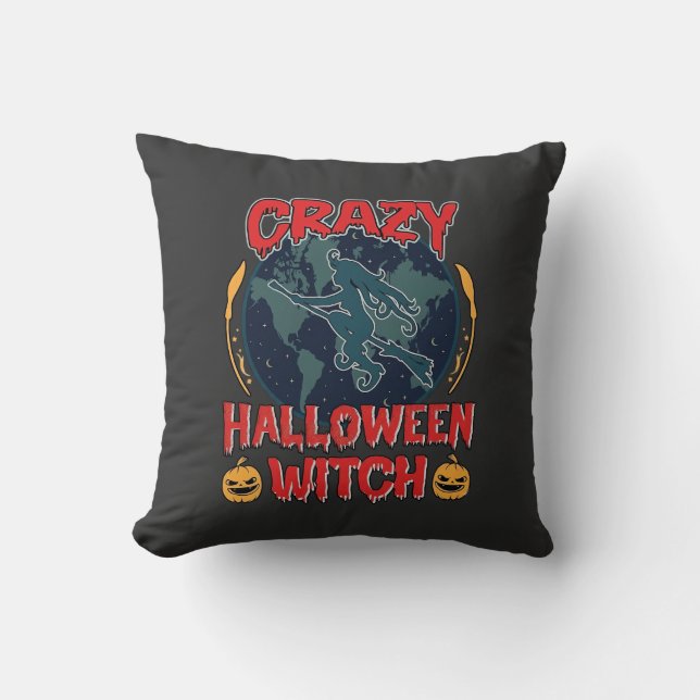 Crazy Halloween Witch Pumpkin Flying Moon Spooky N Throw Pillow (Front)