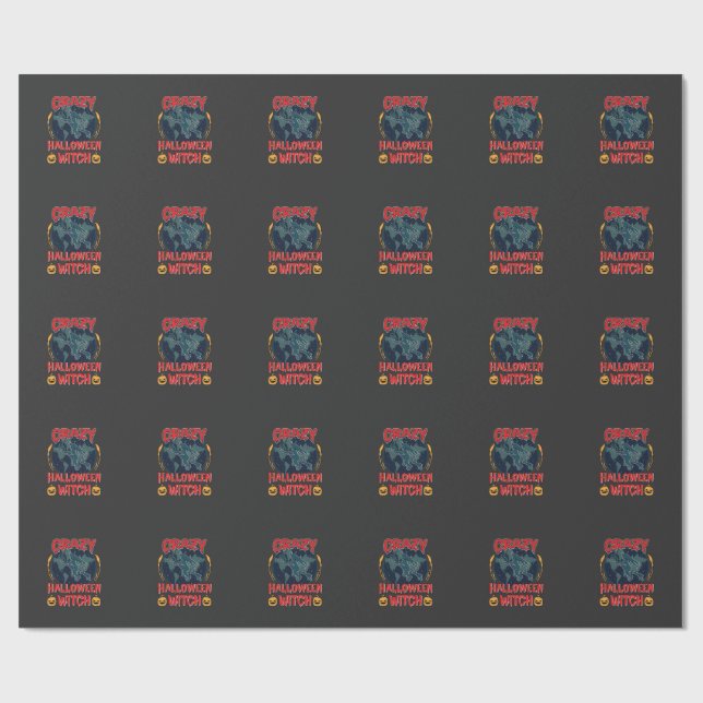 Crazy Halloween Witch Pumpkin Flying Moon Spooky N Wrapping Paper (Flat)