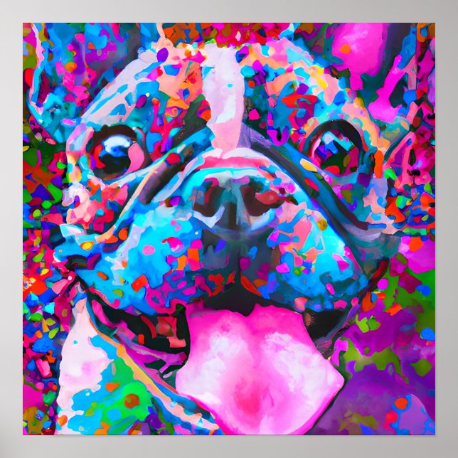 Crazy Happy French Bulldog Dog Art Portrait Poster (Front)
