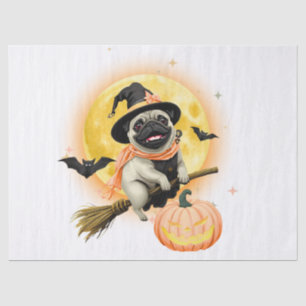 Crazy Happy Halloween Pug Riding a Flying Broom Ca Tissue Paper