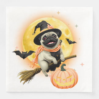 Crazy Happy Halloween Pug Riding a Flying Broom  Napkin