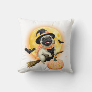 Crazy Happy Halloween Pug Riding a Flying Broom . Throw Pillow